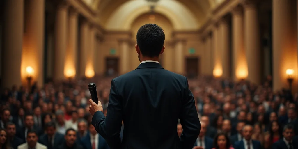 a man in a suit standing in front of a crowd of people in a building with a microphone in his hand,