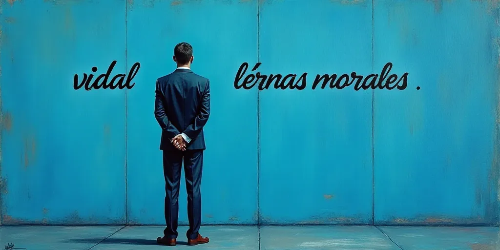 a man in a suit standing in front of a blue background with the words vidal llernas morales, Eduardo