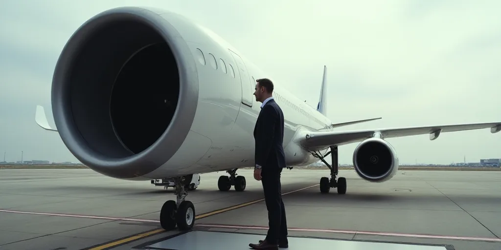 a man in a suit standing on a ramp next to a jet engine on a runway at an airport, Edward George Han