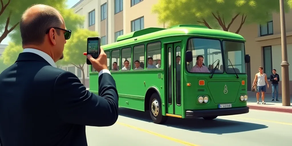 a man in a suit taking a picture of a green bus on the street with a phone in his hand, Fernando Bot