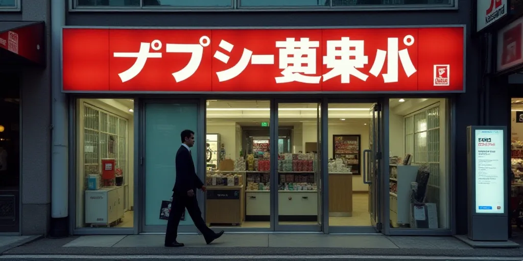 a man in a suit walks past a sign that reads g720 kansana, japan,, Eric Deschamps, award - winning p