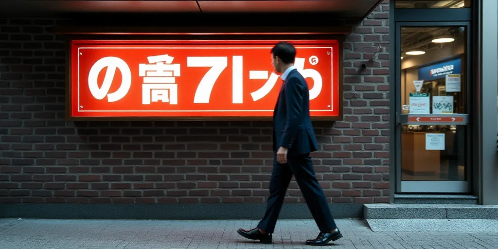 a man in a suit walks past a sign that reads g720 kansana, japan,, Eric Deschamps, award - winning p