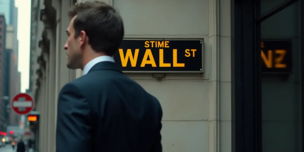 a man in a suit walks past a wall street sign on a building in new york city, new york, Andries Stoc