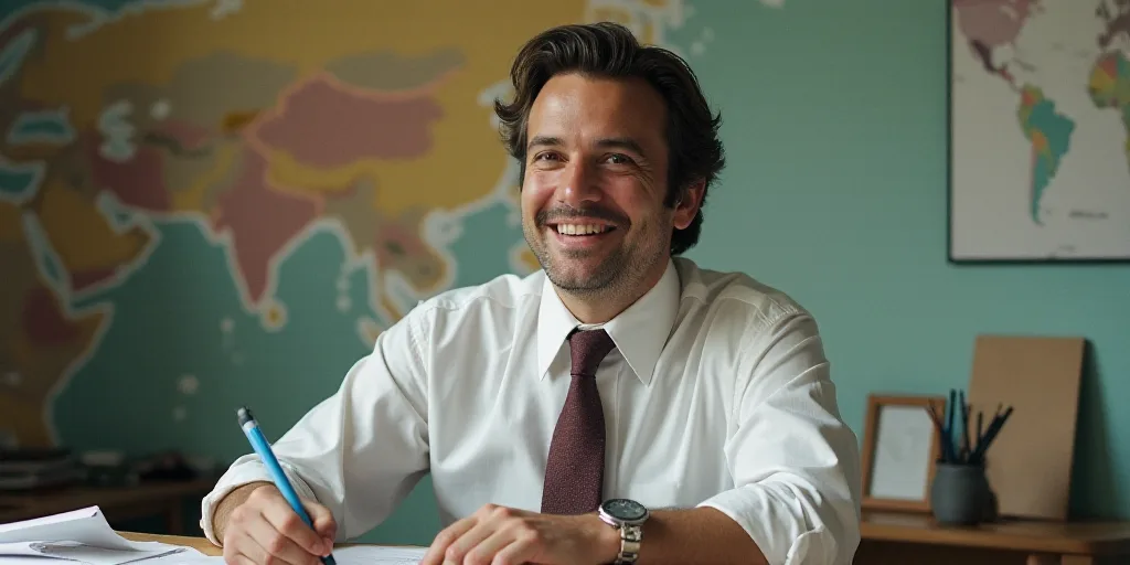 a man in a tie is smiling for the camera with a caption in spanish above him that reads, enrique cam