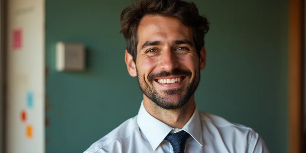 a man in a tie is smiling for the camera with a caption in spanish above him that reads, enrique cam