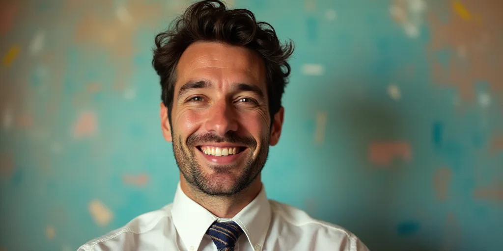 a man in a tie is smiling for the camera with a caption in spanish above him that reads, enrique cam