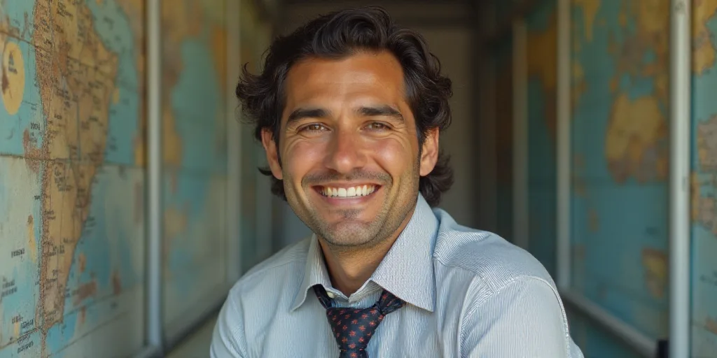 a man in a tie is smiling for the camera with a caption in spanish above him that reads, enrique cam