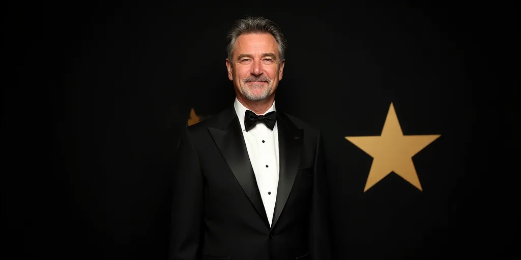 a man in a tuxedo and bow tie standing in front of a black backdrop with a star, David Brewster, awa
