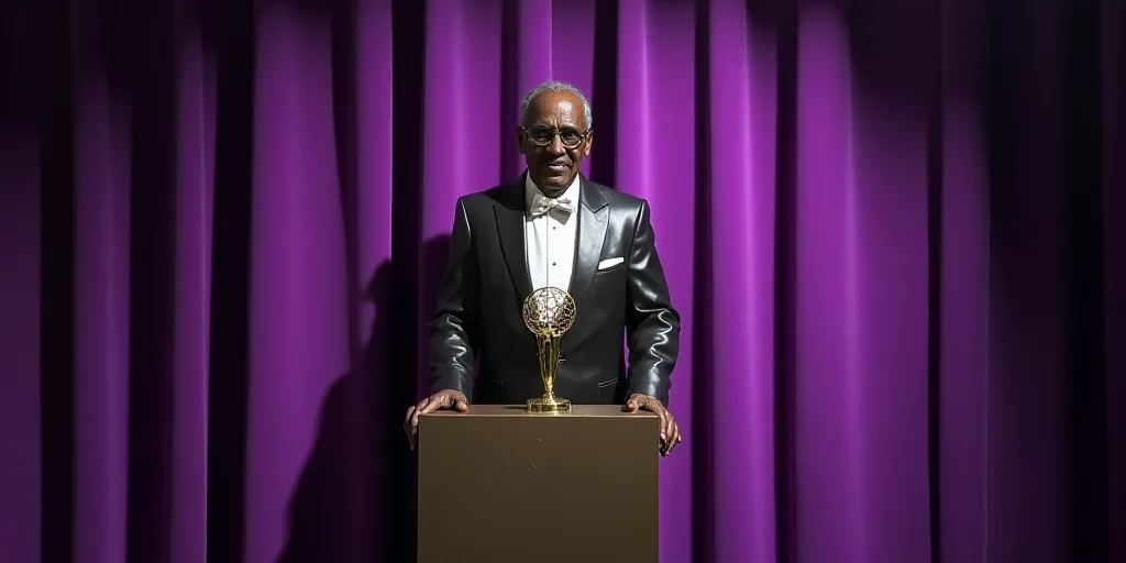 a man in a tuxedo standing at a podium with an award in front of him and a purple curtain behind him
