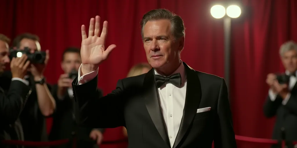 a man in a tuxedo waves to the crowd at a red carpet event with his hand up, Don Eddy, imax 70 mm fo