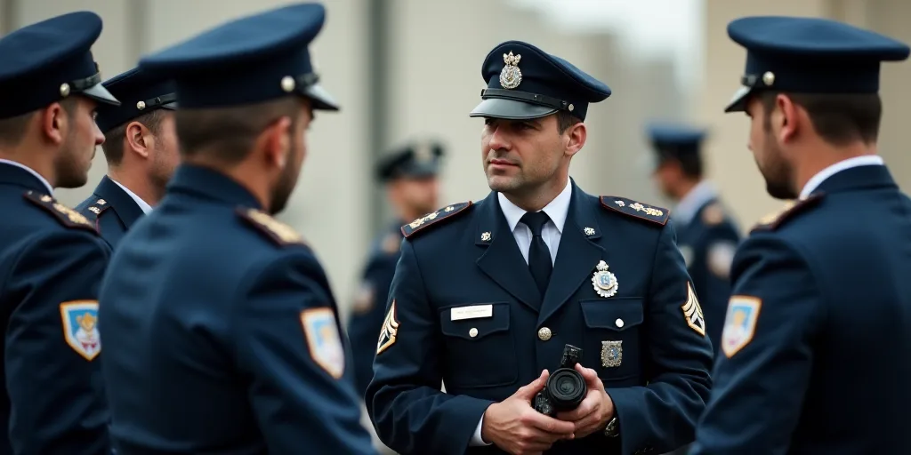 a man in a uniform is talking to a group of people in uniform and holding a camera and a cell phone,