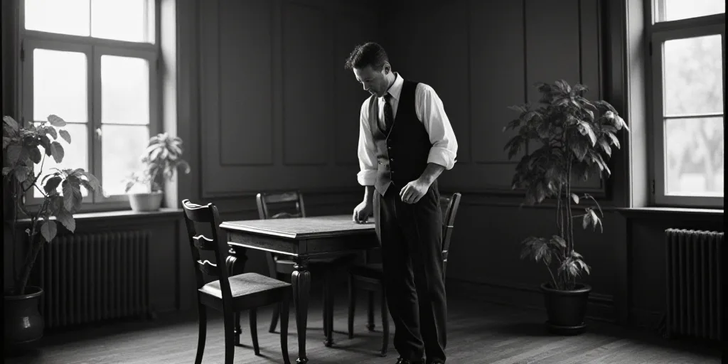 a man in a vest and tie is setting a table with chairs and a plant in the corner of the room, Delaun