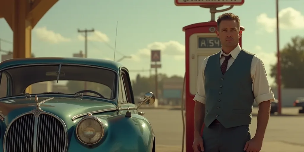 a man in a vest is standing next to a car and a gas pump with a gas pump in the background, Elbridge