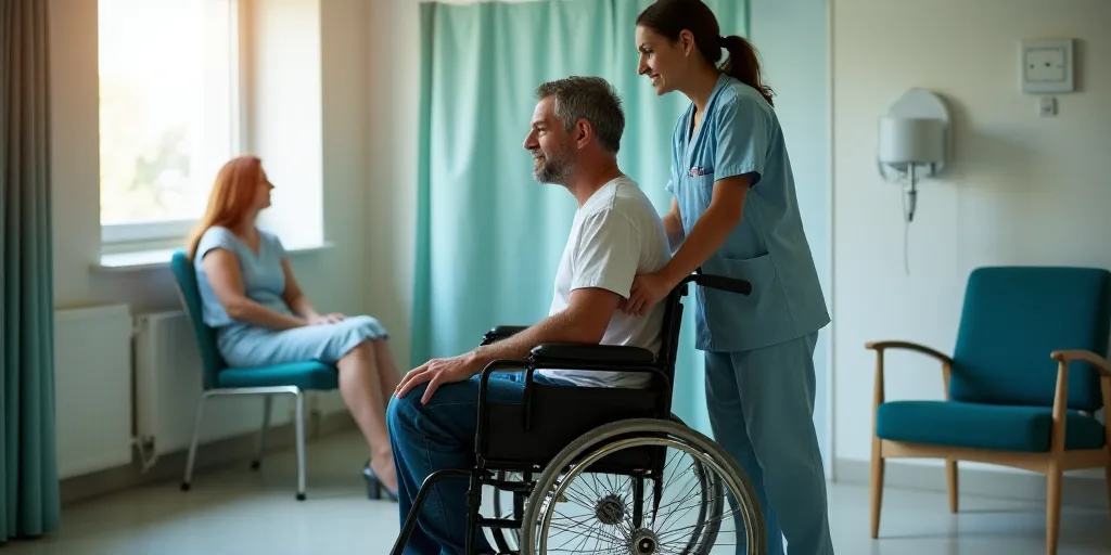 a man in a wheelchair being assisted by a nurse in a hospital room with a woman in a chair, Evaline