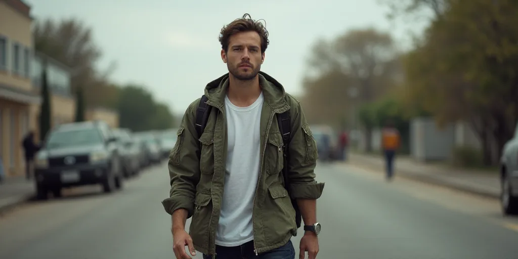 a man in a white shirt and a man in a white shirt and a camouflage jacket and a backpack, Frances Je