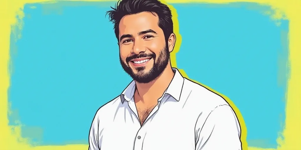 a man in a white shirt is smiling for a picture with a blue background and a yellow border around hi