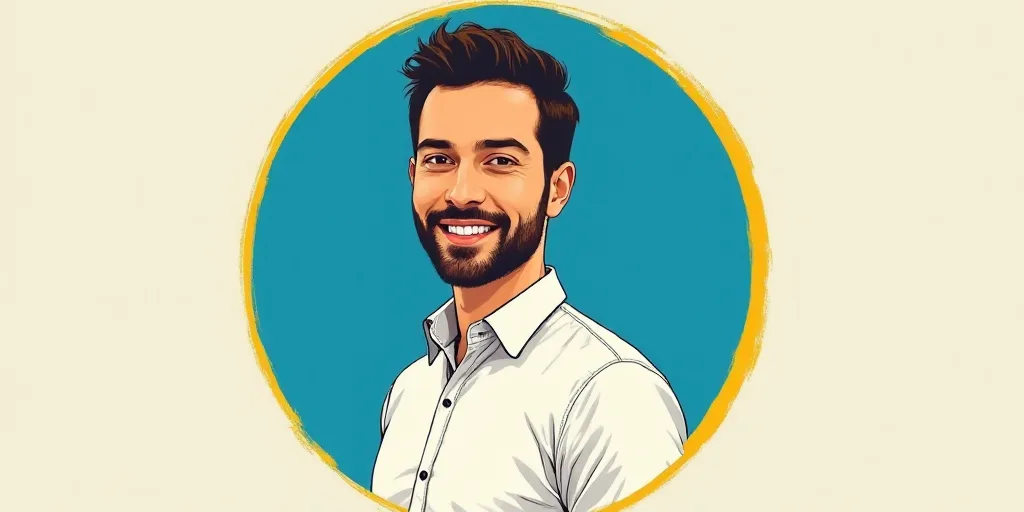 a man in a white shirt is smiling for a picture with a blue background and a yellow border around hi
