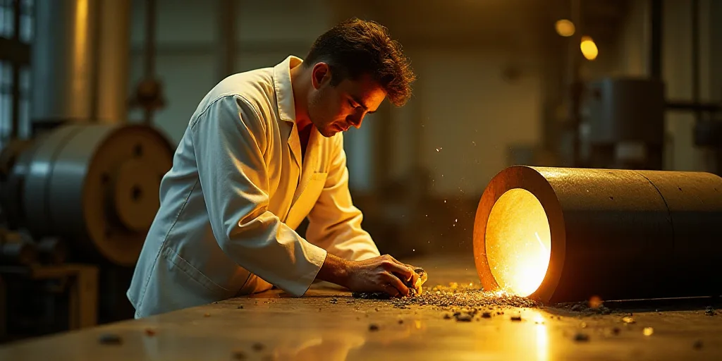 a man in a white suit is working on a piece of metal in a factory with a yellow light, David Alfaro