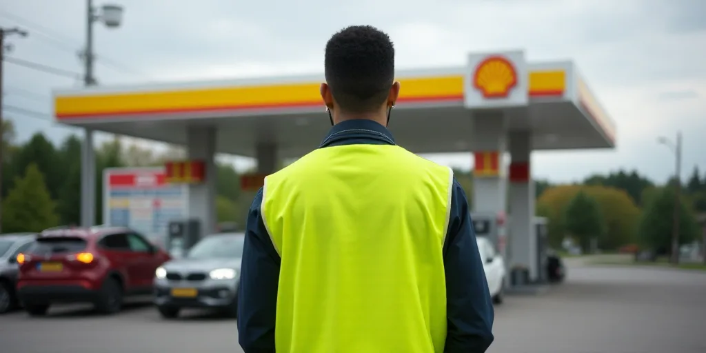a man in a yellow vest is standing near a gas station with cars parked in front of it and a gas stat