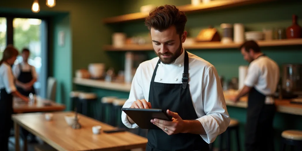 a man in an apron is using a tablet computer in a restaurant with other people in the background and