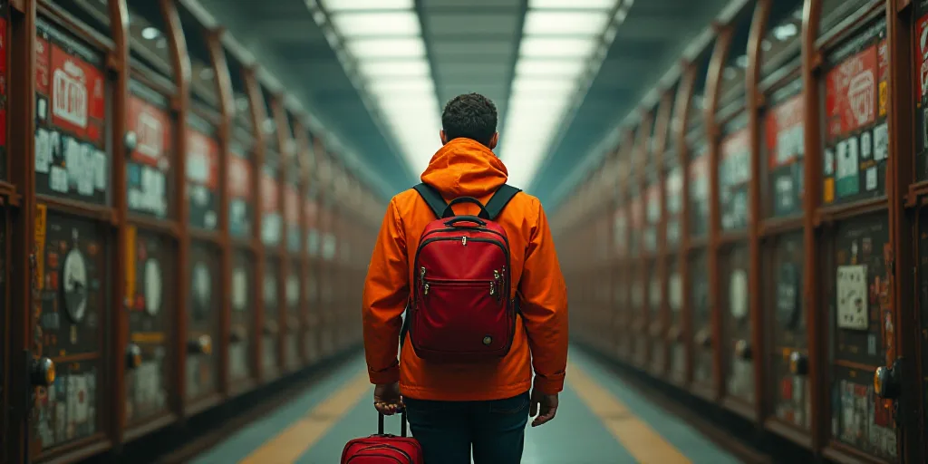 a man in an orange jacket and a red jacket with a red backpack and a red suitcase and a black and wh