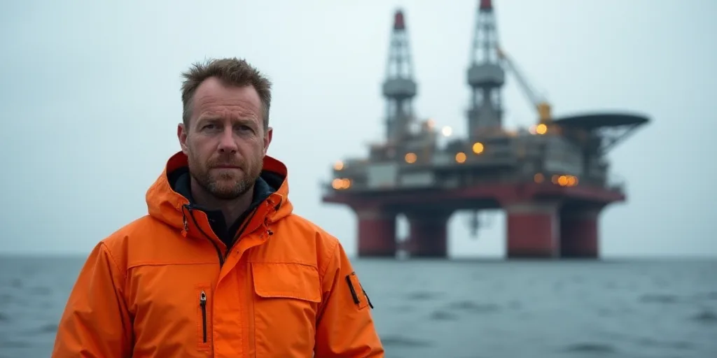 a man in an orange jacket standing in front of an oil rig and a large ship in the background, Consta