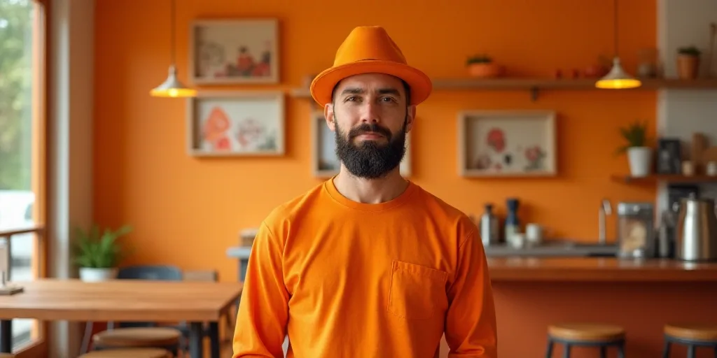a man in an orange shirt and orange hat standing in front of a table with chairs and a counter, Cefe