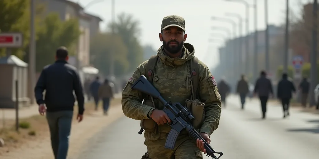 a man in camouflage holding a gun and a rifle on a street with other people walking on the side of t