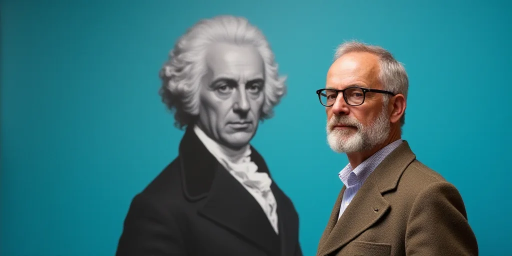a man in glasses is standing in front of a blue background with a black and white photo of him, Edwa