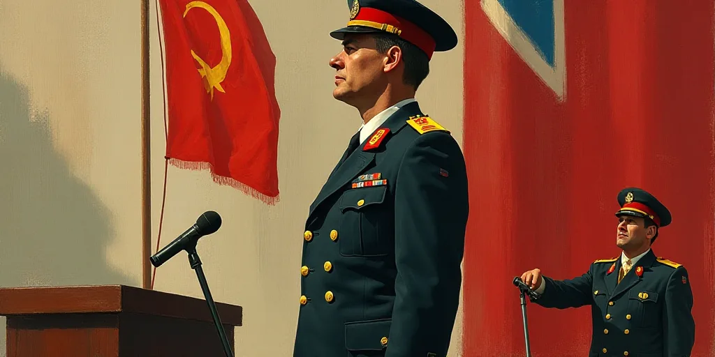 a man in uniform standing in front of a flag and a microphone with a man in a hat on his head, Ada G