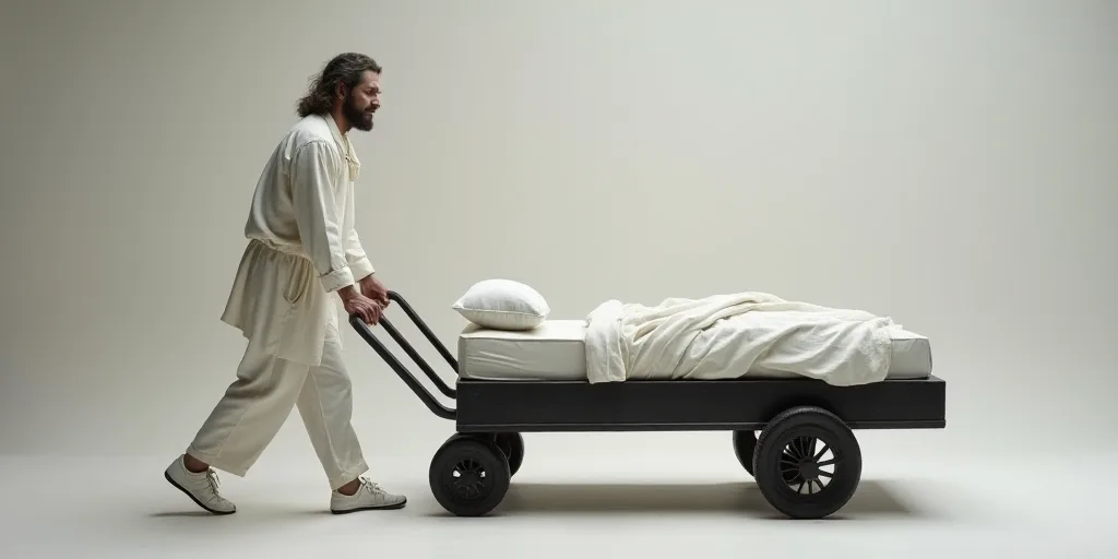 a man in white pants and a white shirt is pushing a bed with a sheet on it and a black cart, Christo