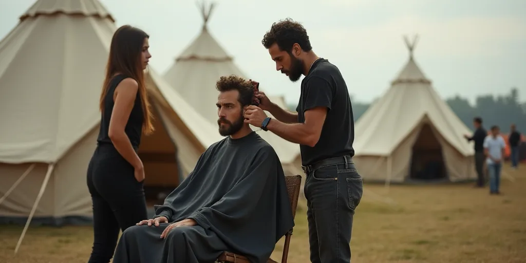 a man is cutting another man's hair in a tent area with other tents in the background and a woman st