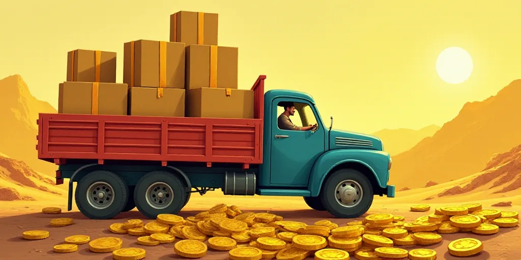 a man is driving a truck with boxes on it and a pile of gold coins in front of him, Anton Fadeev, de
