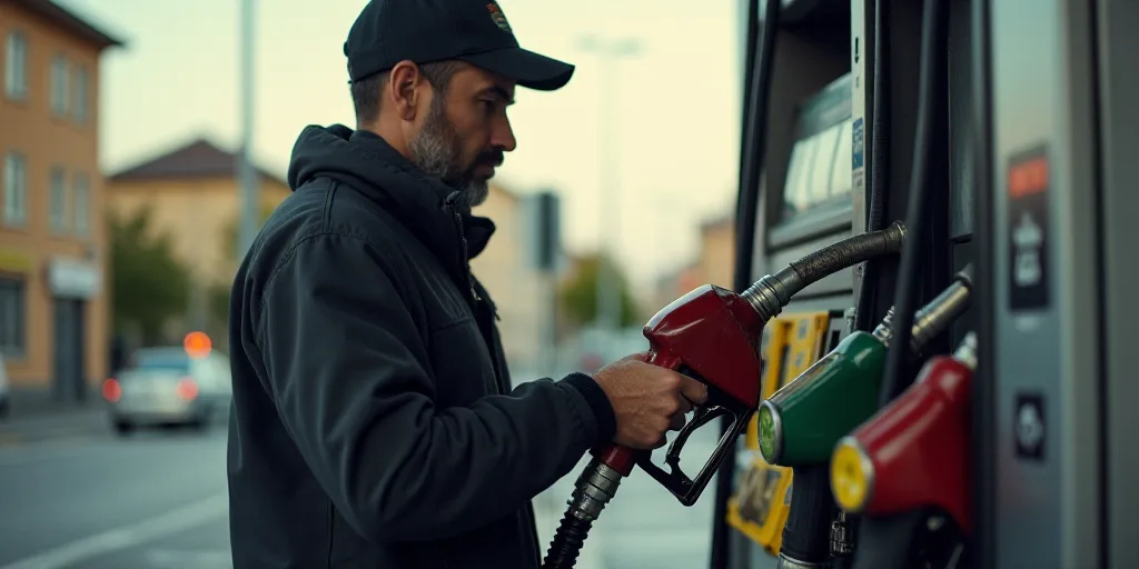 a man is filling up a gas pump at a gas station in a city area of a city,, Félix Arauz, oil, a stoc