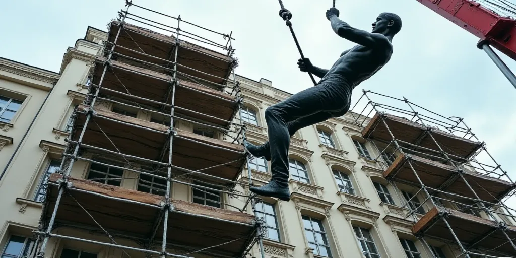 a man is hanging from a crane in front of a building with scaffolding on it's sides, Didier Mouron,