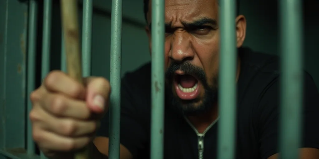 a man is holding a stick in a jail cell and screaming at someone behind bars of a fence with his han