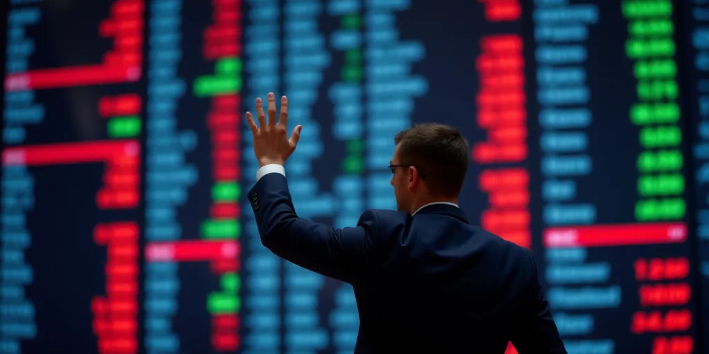 a man is holding his hand up in front of a wall of stock prices on the floor of the new york stock e
