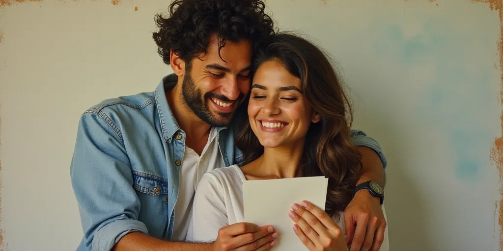 a man is hugging a woman while she is holding a piece of paper in her hand and smiling at the camera