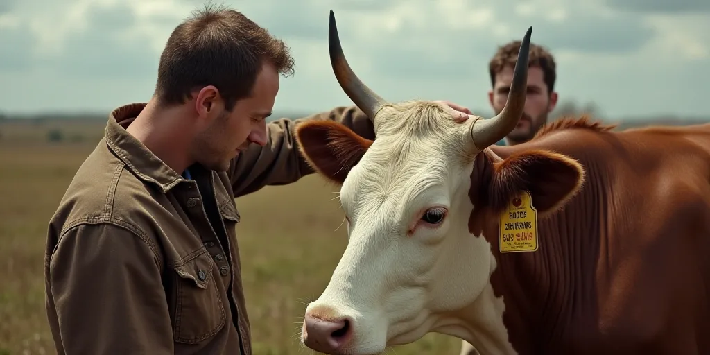a man is petting a cow with a tag on it's ear and nose, while another man is holding a tag on his ea