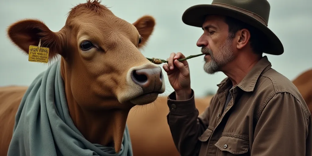 a man is petting a cow with a tag on it's ear and nose, while another man is holding a tag on his ea