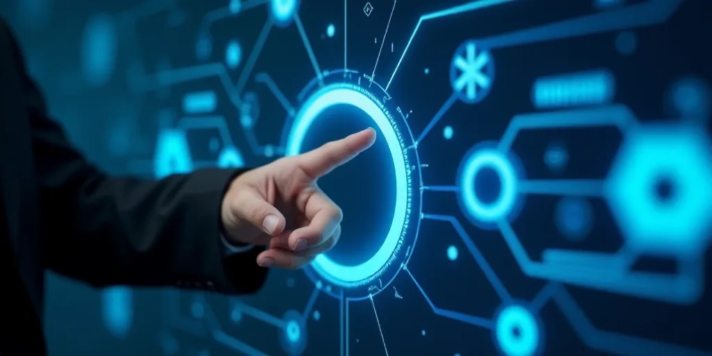 a man is pressing a button on a touch screen with a finger and a blue background with icons and symb