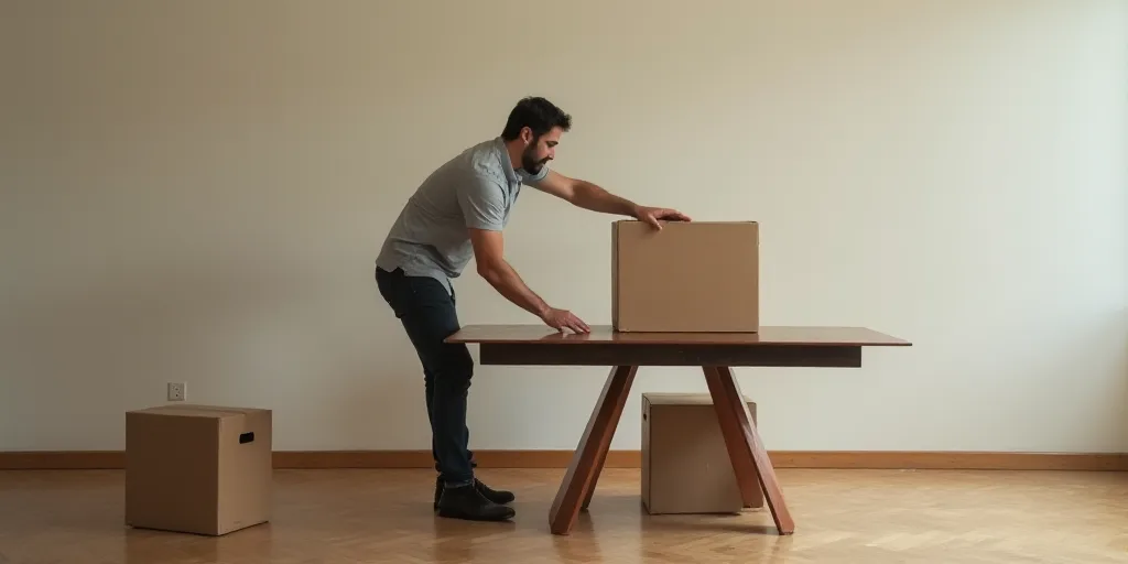 a man is putting a box on top of a table with a box on it and a box on the floor, Federico Uribe, ig