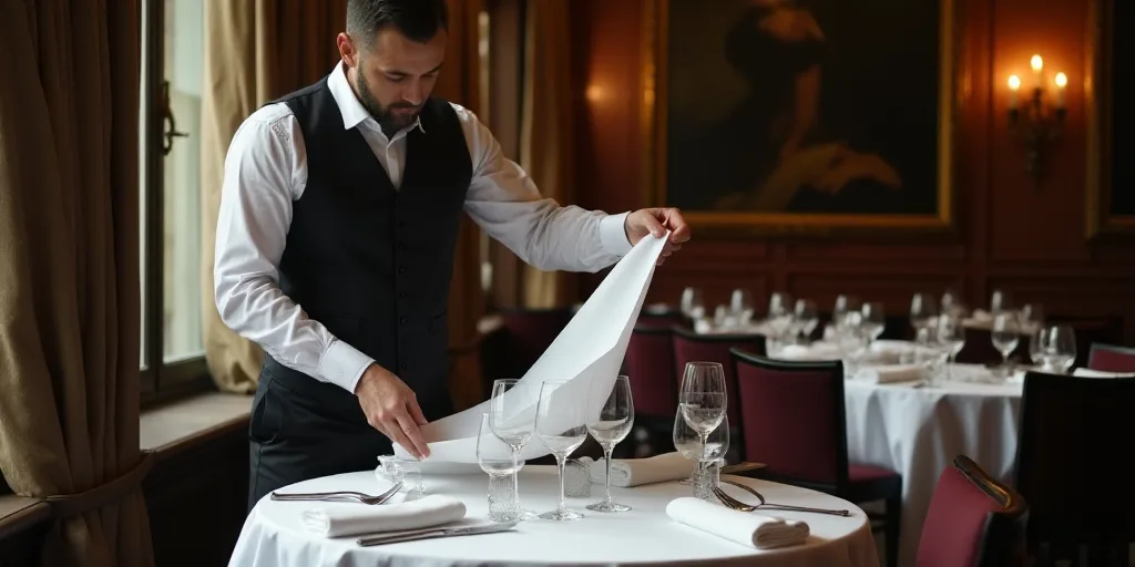 a man is putting a sheet of paper on a table in a restaurant with white linens on it, Delaunay, refi