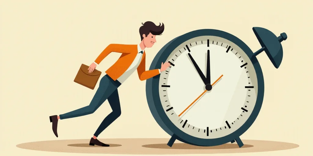 a man is running up the side of a clock to get to work on his phone and get back to work, Évariste