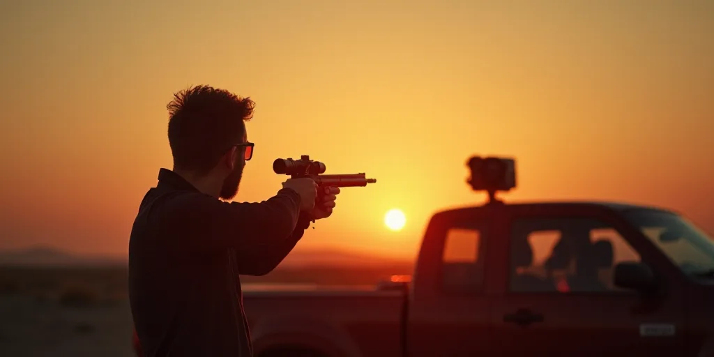 a man is shooting a red dot in the sky with a gun and a camera on a truck at sunset, Andries Stock,