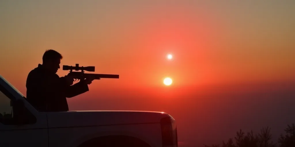 a man is shooting a red dot in the sky with a gun and a camera on a truck at sunset, Andries Stock,
