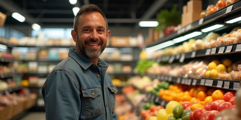 a man is shopping in a grocery store with a lot of food on display behind him and smiling at the cam