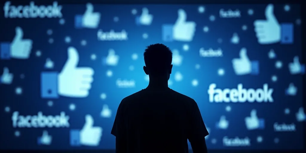 a man is silhouetted against a backdrop of logos of the company and facebook and a thumbs up sign, A