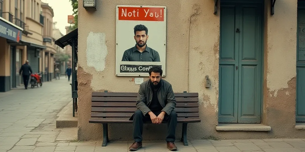 a man is sitting on a bench in front of a sign with a picture of a man on it, Farid Mansour, orienta