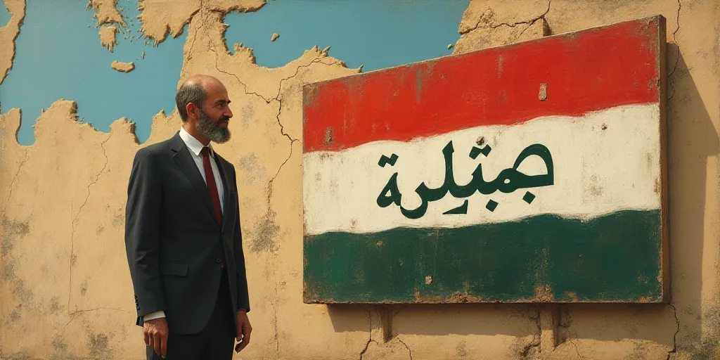 a man is standing in front of a sign with the name of the country of iraq on it and a map of the cou